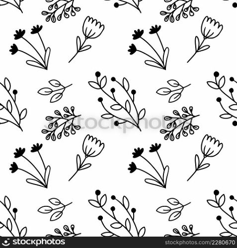 Seamless white pattern with black doodle style branches. Endless background for printing on fabric and packaging paper.