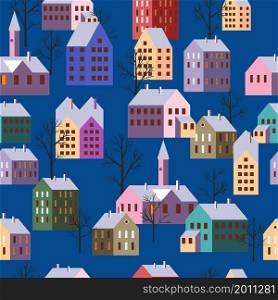 Seamless winter city landscape. Christmas scandinavian town, trees houses, seasone pattern New Year and Christmas holidays. Vector illustration minimalism style isolated. Seamless winter city landscape. Christmas scandinavian town, trees houses, seasone pattern New Year and Christmas holidays. Vector illustration minimalism style