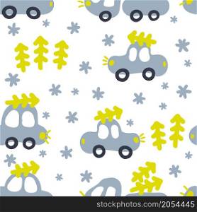 Seamless winter pattern of cars carrying Christmas trees. Perfect for scrapbooking, poster, textile and prints. Hand drawn vector illustration for decor and design.
