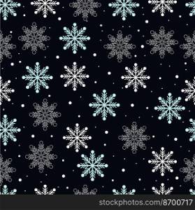 Seamless winter pattern of white graceful snowflakes and falling snow on a dark background. For the design of packaging, textiles, postcards, posters, congratulations. Vector illustration.