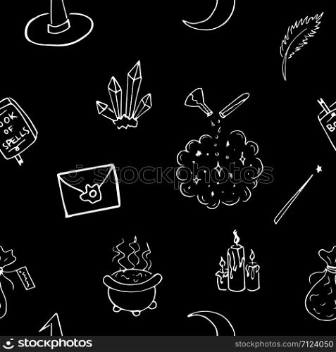 Seamless witchcraft elements vector pattern. Suitable for textile, print, decoration, clothes. Halloween and autumn decor. Paper design style. Children and kids decor.