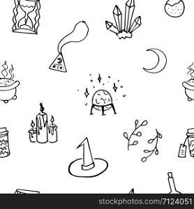 Seamless witchcraft elements vector pattern. Suitable for textile, print, decoration, clothes. Halloween and autumn decor. Paper design style. Children and kids decor.