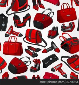 Seamless woman&#39;s fashion accessory bags and shoes red pattern background vector illustration