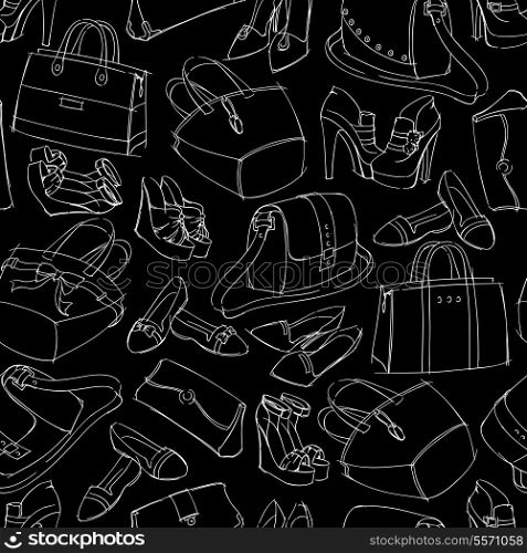 Seamless woman&#39;s fashion accessory bags and shoes sketch pattern background vector illustration. Editable EPS and Render in JPG format