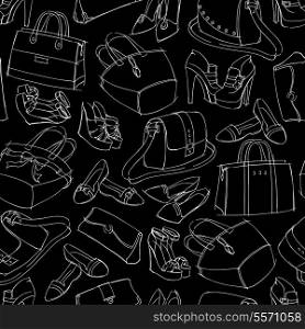 Seamless woman&#39;s fashion accessory bags and shoes sketch pattern background vector illustration. Editable EPS and Render in JPG format