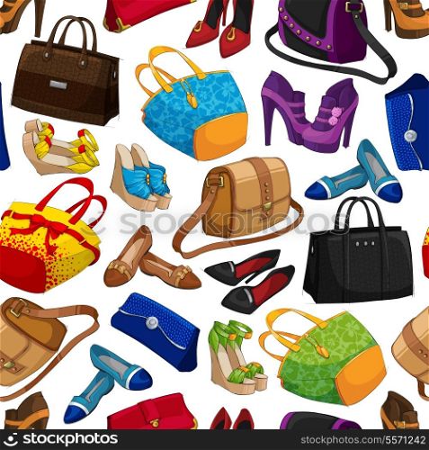 Seamless woman&#39;s fashion accessory bags and shoes wallpaper pattern background vector illustration