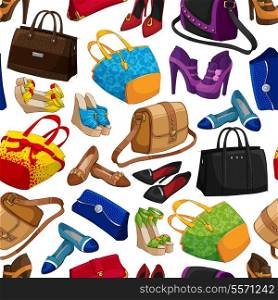 Seamless woman&#39;s fashion accessory bags and shoes wallpaper pattern background vector illustration