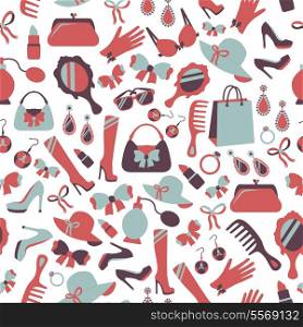 Seamless woman accessories background of perfume shoes comb and perfume vector illustration