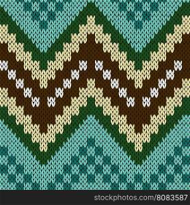 Seamless zigzag knitting vector pattern in turquoise, brown, green and beige colors as a knitted fabric texture