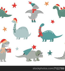 Seamlesss pattern with Christmas dinos. Hand drawn holiday wallpaper. Seamlesss pattern with Christmas dinos in cloth