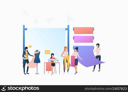 Seamstress, dressmakers and designers working in tailor shop. Tailoring, fashion, custom clothing concept. Vector illustration can be used for topics like business, sewing studio, atelier. Seamstress, dressmakers and designers working in tailor shop