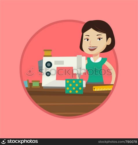 Seamstress working in a cloth factory. Seamstress sewing on industrial sewing machine. Seamstress using sewing machine at workshop. Vector flat design illustration in the circle isolated on background. Seamstress using sewing machine at workshop.