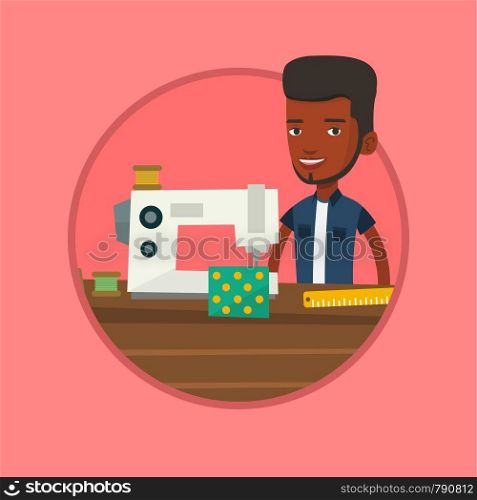 Seamstress working in a cloth factory. Seamstress sewing on industrial sewing machine. Seamstress using sewing machine at workshop. Vector flat design illustration in the circle isolated on background. Seamstress using sewing machine at workshop.