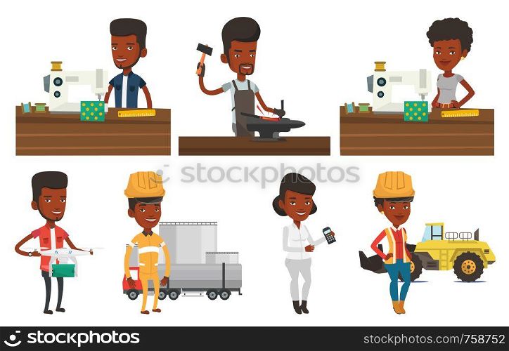 Seamstress working in cloth factory. Seamstress sewing on industrial sewing machine. Seamstress using sewing machine at workshop. Set of vector flat design illustrations isolated on white background.. Vector set of industrial workers.