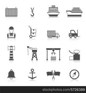Seaport black icon set with lighthouse crane truck loader isolated vector illustration