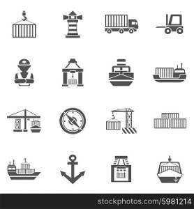 Seaport Black Icons Set. Seaport black icons set with containers tankers and port facilities isolated vector illustration