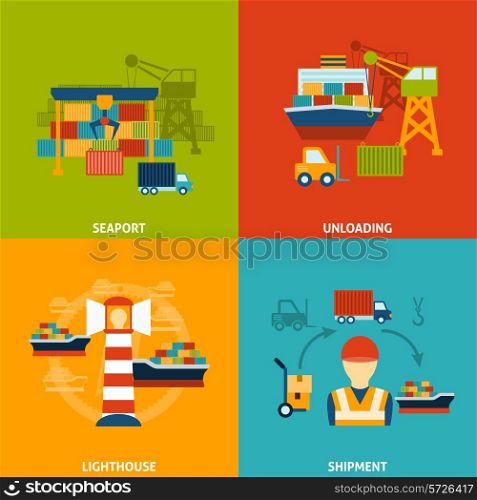 Seaport design concept set with unloading lighthouse shipment flat icons isolated vector illustration