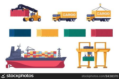 Seaport equipment. Seagoing cargo ship. Container loaders with cranes. Automobile trucks. Marine transport loading. Port terminal. Hook lifting metal boxes. Freight transportation elements vector set. Seaport equipment. Seagoing cargo ship. Container loaders with cranes. Automobile trucks. Marine transport loading. Hook lifting metal boxes. Freight transportation elements vector set