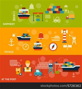 Seaport flat horizontal banner set with shipment voyage port isolated vector illustration