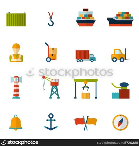 Seaport flat icon set with container tanker vessel loader isolated vector illustration