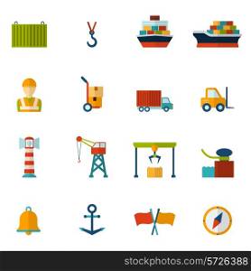 Seaport flat icon set with container tanker vessel loader isolated vector illustration
