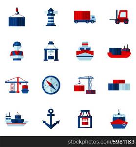 Seaport Flat Icons Set . Seaport flat icons set with container tanker vessel loader isolated vector illustration