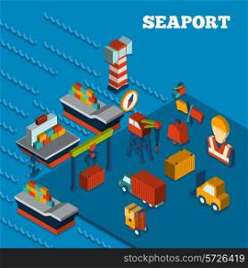 Seaport freight transportation concept with isometric icons set vector illustration