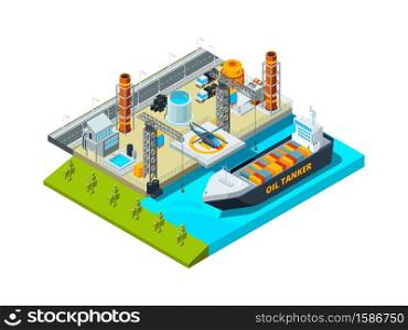 Seaport isometric. Cargo ship oil tanks seaside industrial buildings vessel and fuel farms vector 3d illustration. Seaport ship, 3d cargo commercial transportation. Seaport isometric. Cargo ship oil tanks seaside industrial buildings vessel and fuel farms vector 3d illustration