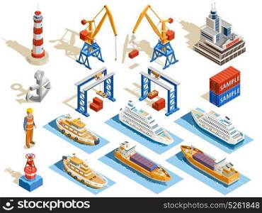 Seaport Isometric Set . Seaport isometric set of industrial cruise ships marine tugs worker anchor cranes containers lighthouse isolated vector illustration