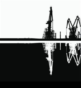 Seaport silhouette of port cranes with reflection. EPS10 vector.