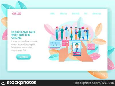 Search and Talk with Doctor Online. Telemedicine. Medical Consultation by Internet. Medicine and Healthcare Concept. Meeting of Doctors and Diagnosis. Landing Page Banner. Vector Illustration.. Search and Talk with Doctor Online. Vector.