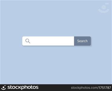 Search bar. Blank internet searching field. String entering keywords for online finding information. Isolated white stripe with button and magnifier sign. Vector browser page template with copy space. Search bar. Internet searching field. String entering keywords for online finding information. White stripe with button and magnifier sign. Vector browser page template with copy space