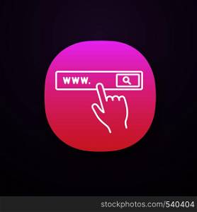 Search bar button app icon. Internet surfing. Internet browser. Hand pressing find button. UI/UX user interface. Web or mobile applications. Vector isolated illustration. Search bar button app icon
