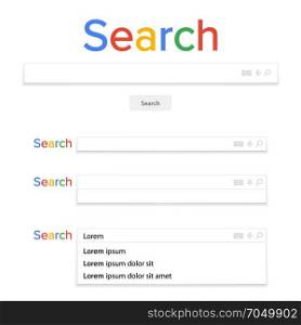 Search Bar Field Vector. Search Engine Browser Window Template. Pop Up List, Search Results. Elements Of Search Magnifier Icon And Frame Field For Text. Search Bar Field Vector. Search Engine Browser Window Template. Pop Up List, Search Results. Element For Ui - Ux Design