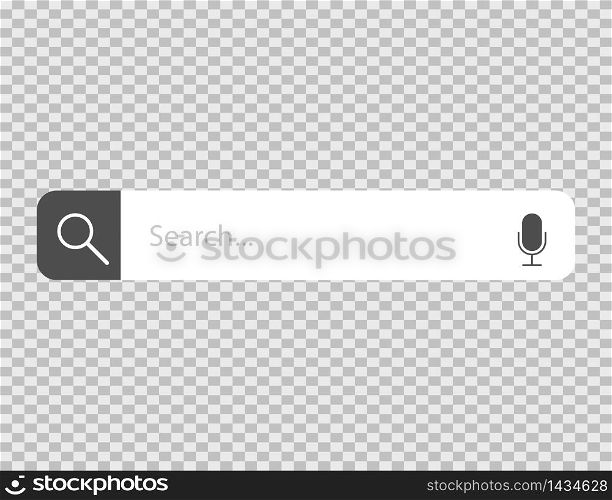 Search bar mockup with loupe and microphone. Isolated icon in flat design with search text. Web form window to find something. Template of navigation form in computer browser. Vector EPS 10