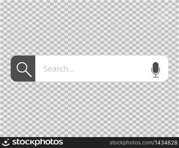 Search bar mockup with loupe and microphone. Isolated icon in flat design with search text. Web form window to find something. Template of navigation form in computer browser. Vector EPS 10