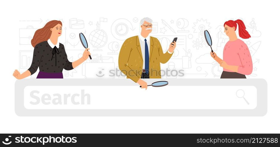 Search bar. People searching, ask internet browser or artificial Intelligence. Diverse age persons look with magnifying glass. Web technology vector banner. Search bar, people searching