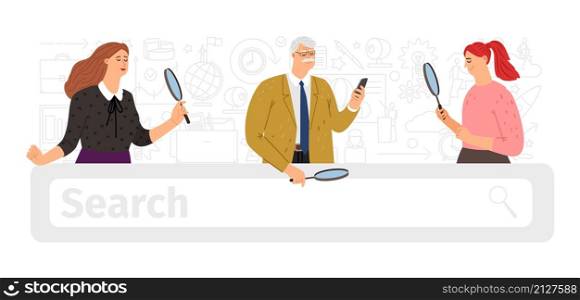 Search bar. People searching, ask internet browser or artificial Intelligence. Diverse age persons look with magnifying glass. Web technology vector banner. Search bar, people searching