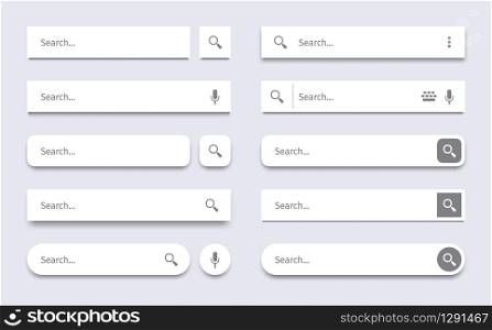 Search bar. Searching panel, website ui bars with shadows and quick search boxes template vector set. Search bar for web site interface, button panel illustration. Search bar. Searching panel, website ui bars with shadows and quick search boxes template vector set