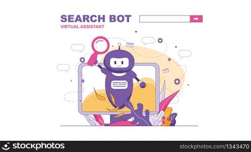 Search Bot Virtual Assistant Vector Illustration Banner. Browser Assistant on Tablet Screen is Program Helps Find Necessary Information. Artificial Intelligence Remembers Technical User Support.