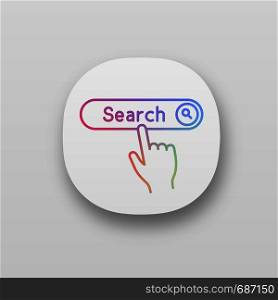 Search button click app icon. Internet surfing. Hand pressing find button. UI/UX user interface. Web or mobile application. Vector isolated illustration. Search button click app icons set