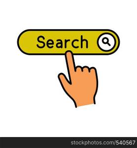 Search button click color icon. Internet surfing. Hand pressing find button. Isolated vector illustration. Search button click color icon