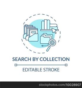 Search by collection concept icon. Online library catalogue optimization idea thin line illustration. Search options. New technologies. Vector isolated outline RGB color drawing. Editable stroke. Search by collection concept icon