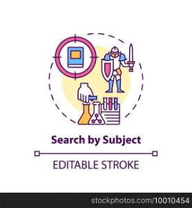 Search by subject concept icon. Online library search options idea thin line illustration. Information access optimzization. Vector isolated outline RGB color drawing. Editable stroke. Search by subject concept icon