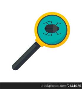 Search computer bug icon. Flat illustration of search computer bug vector icon isolated on white background. Search computer bug icon flat isolated vector