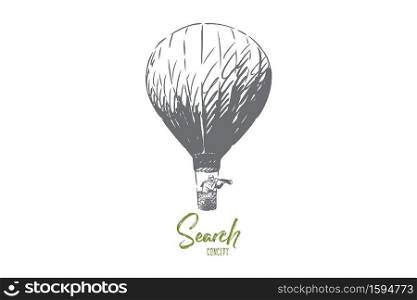 Search concept sketch. Business research, headhunting metaphor, muslim businessman flying in air balloon, arab employer looking for recruits, recruitment banner. Isolated vector illustration. Search concept sketch. Isolated vector illustration