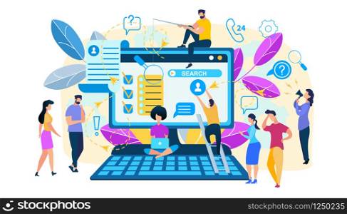 Search Concept. Tiny People Characters at Huge Laptop Monitor with Open Searching Browser Window. Men and Women Looking for Information in Internet, White Background. Cartoon Flat Vector Illustration. Search Tiny People Characters at Huge Laptop
