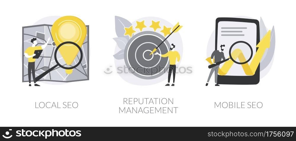 Search engine marketing abstract concept vector illustration set. Local SEO, reputation management, mobile optimization, targeted web search, public relations, social media abstract metaphor.. Search engine marketing abstract concept vector illustrations.