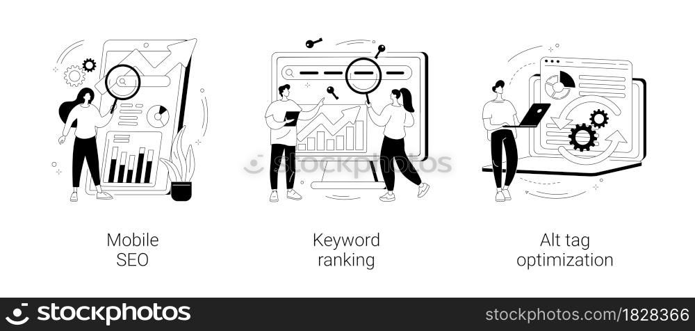 Search engine marketing abstract concept vector illustration set. Mobile SEO agency, keyword ranking, alt tag optimization, website ranking, search optimization, page navigation abstract metaphor.. Search engine marketing abstract concept vector illustrations.