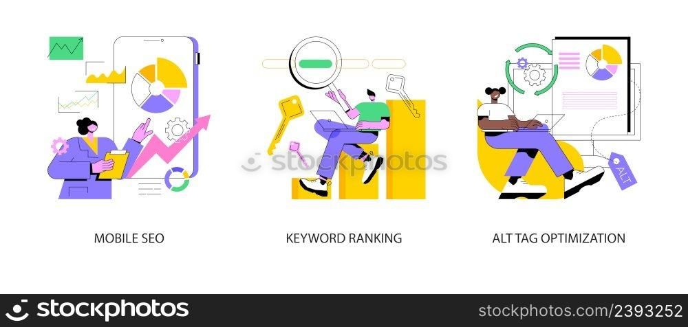 Search engine marketing abstract concept vector illustration set. Mobile SEO agency, keyword ranking, alt tag optimization, website ranking, search optimization, page navigation abstract metaphor.. Search engine marketing abstract concept vector illustrations.